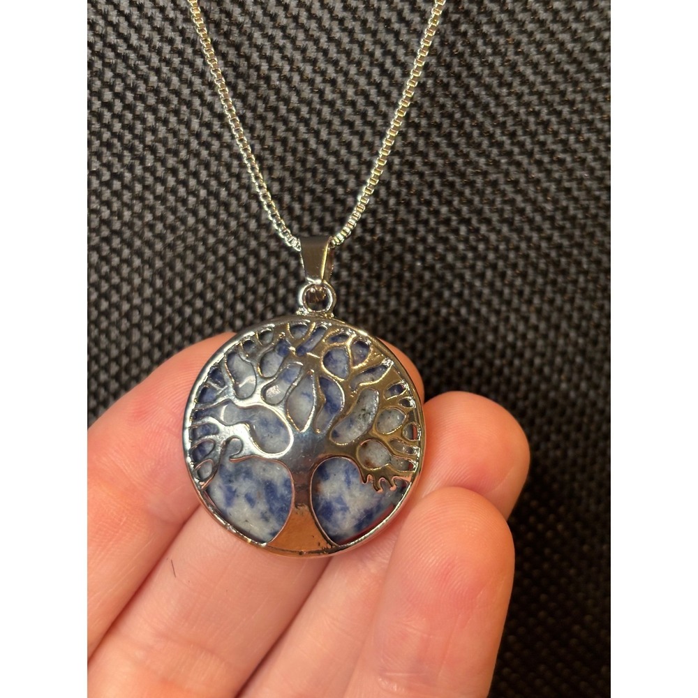 Tree of Life Sodalite Pendant Necklace Stainless Steel Blue Stone Box Chain